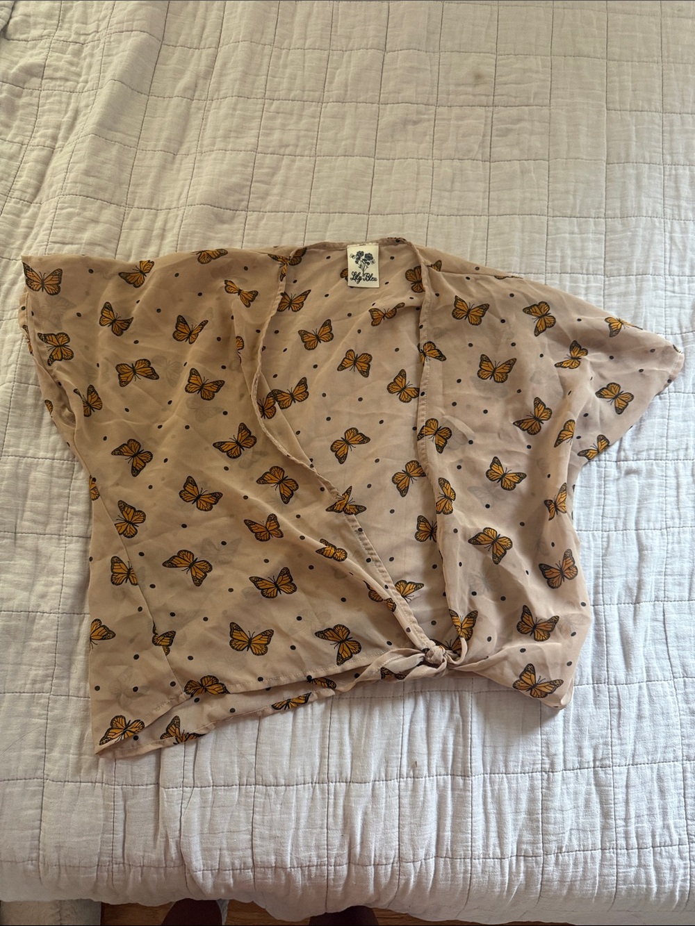 Lily Bleu Beige Tie-Front Top with orange  Butterfly Print